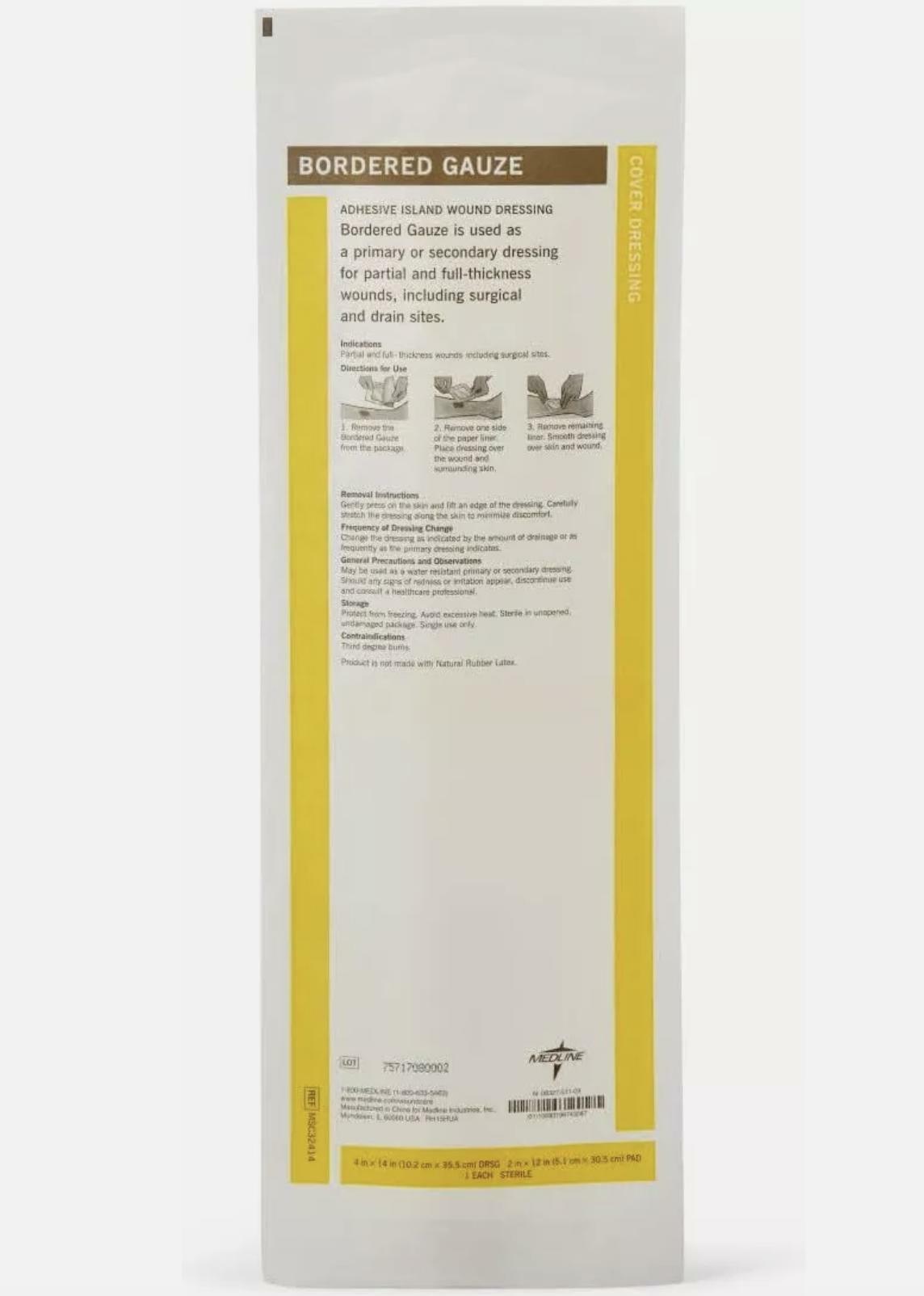 Medline Bordered Gauze, 4"x14" Adhesive Island Wound Dressing/Sterile 15 Count